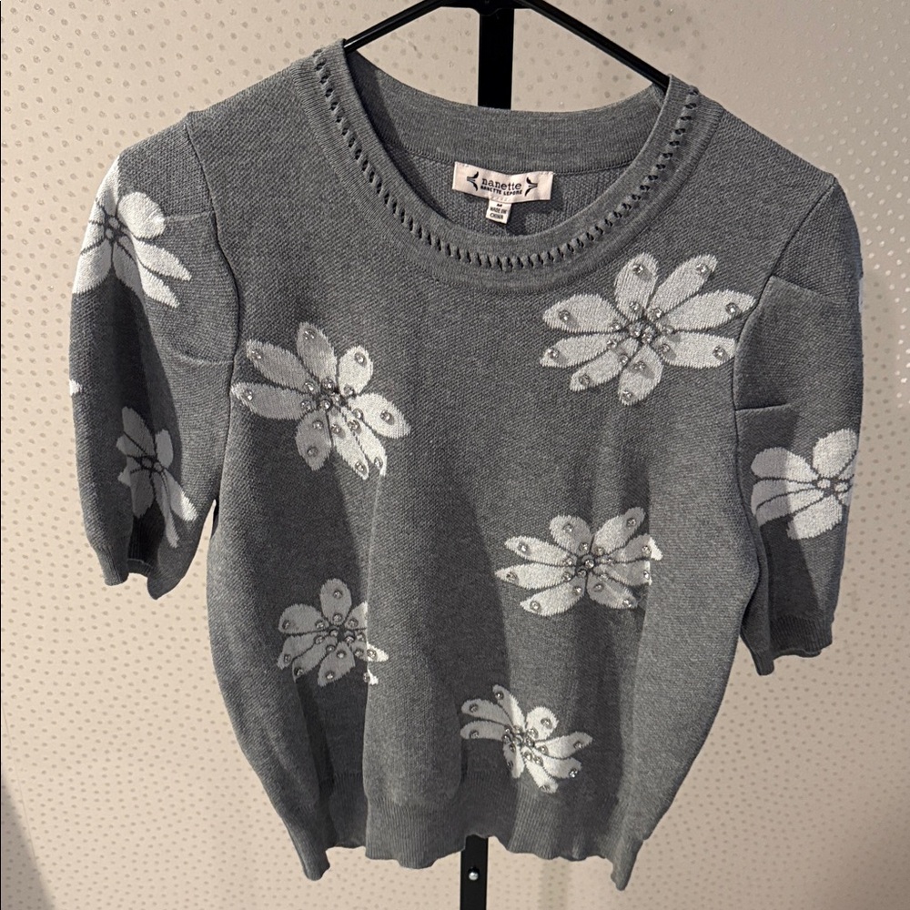 Nanette Lepore Gray Floral Embellished Sweater